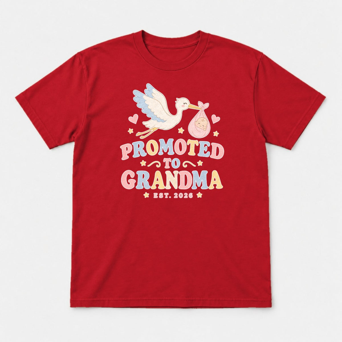 Promoted to Grandma Est. 2026 Retro Stork Baby Graphic T-Shirt & Sweatshirt - Tshirt Red Front