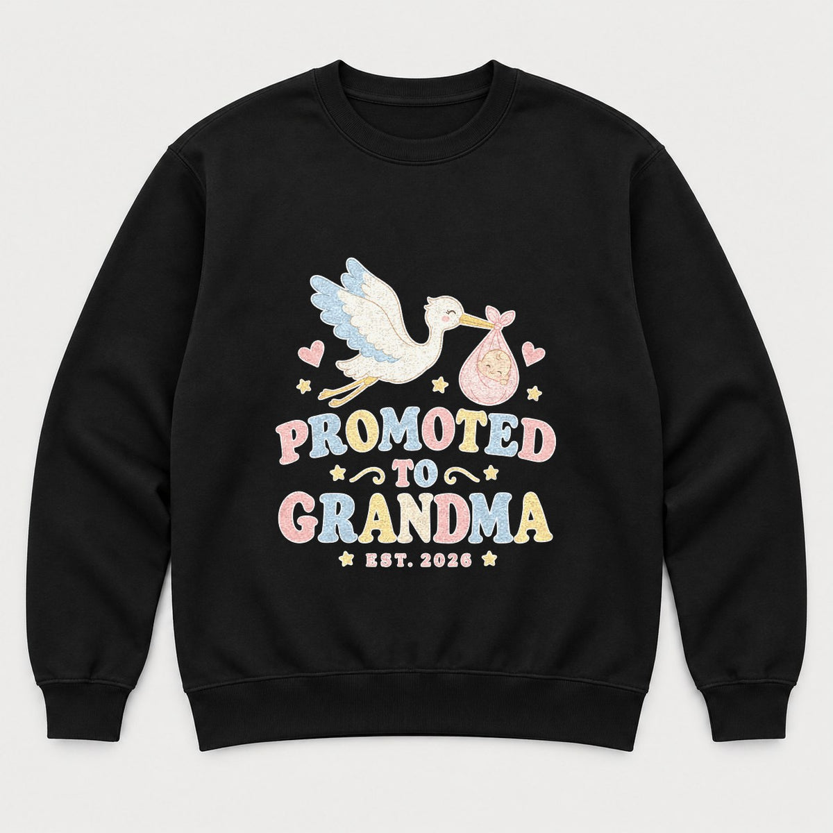 Promoted to Grandma Est. 2026 Retro Stork Baby Graphic T-Shirt & Sweatshirt - Sweatshirt Black Front