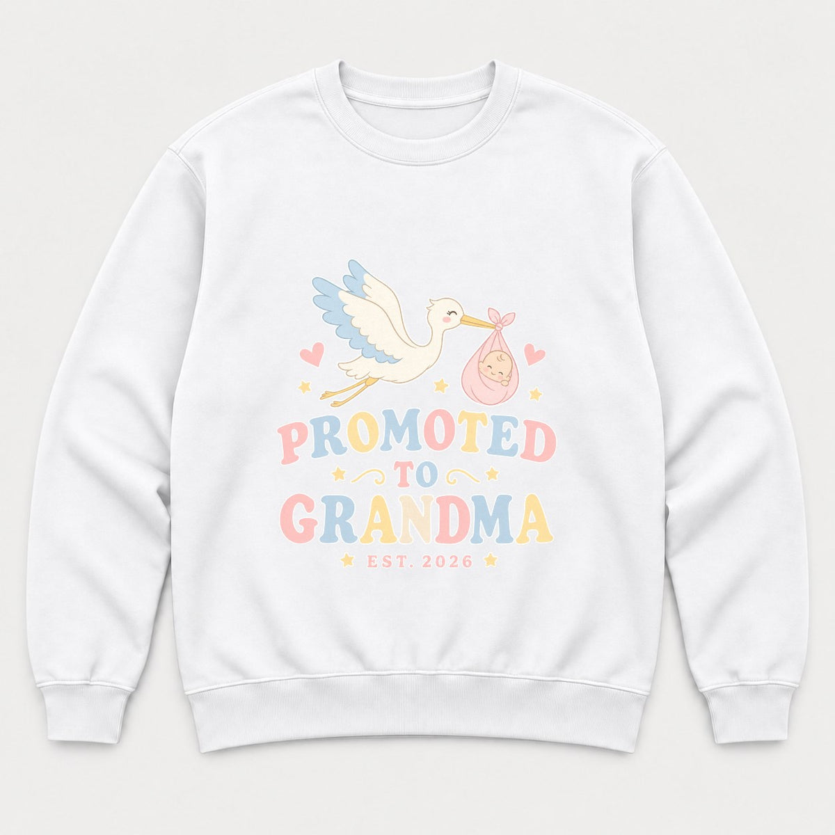 Promoted to Grandma Est. 2026 Retro Stork Baby Graphic T-Shirt & Sweatshirt - Sweatshirt White Front