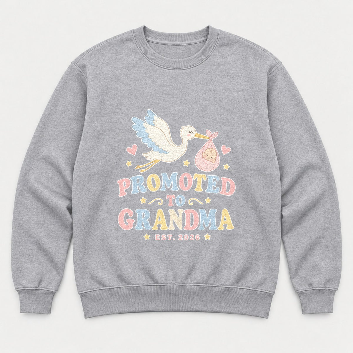 Promoted to Grandma Est. 2026 Retro Stork Baby Graphic T-Shirt & Sweatshirt - Sweatshirt Sport Grey Front