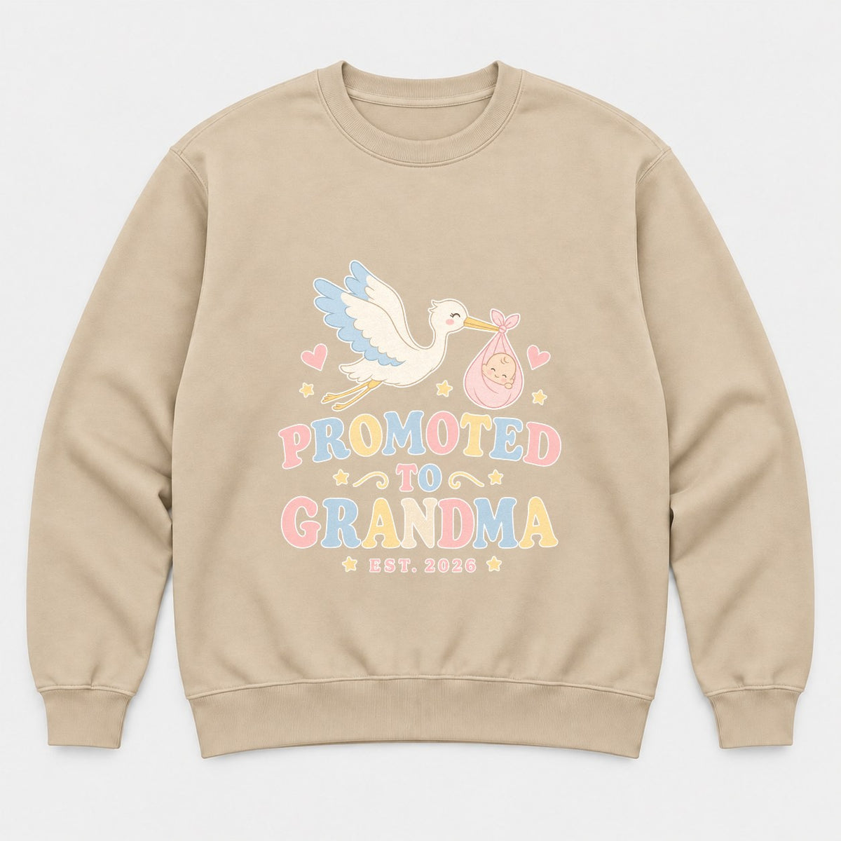 Promoted to Grandma Est. 2026 Retro Stork Baby Graphic T-Shirt & Sweatshirt - Sweatshirt Sand Front
