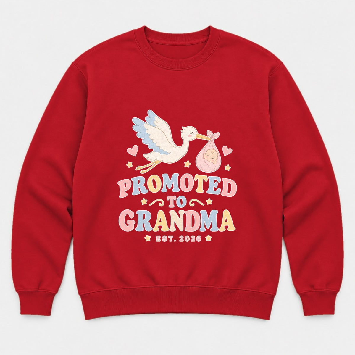 Promoted to Grandma Est. 2026 Retro Stork Baby Graphic T-Shirt & Sweatshirt - Sweatshirt Red Front