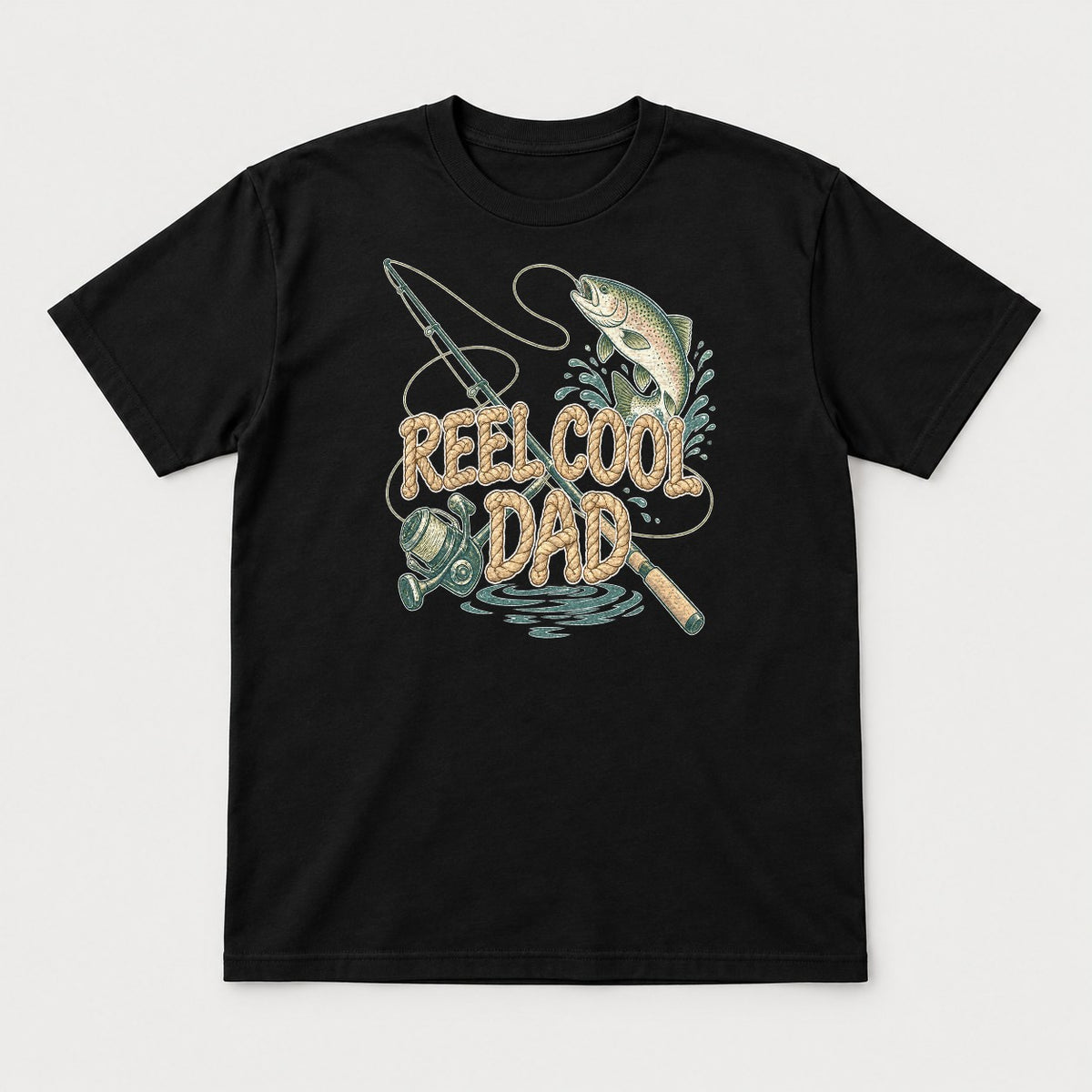 Reel Cool Dad Rope Lettering Trout Fishing Graphic T-Shirt & Sweatshirt - Tshirt Black Front