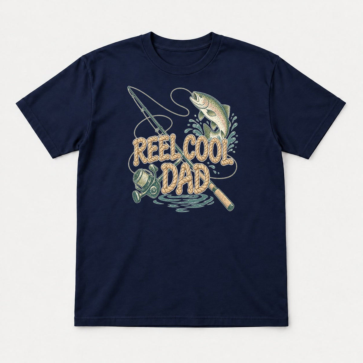 Reel Cool Dad Rope Lettering Trout Fishing Graphic T-Shirt & Sweatshirt - Tshirt Navy Front