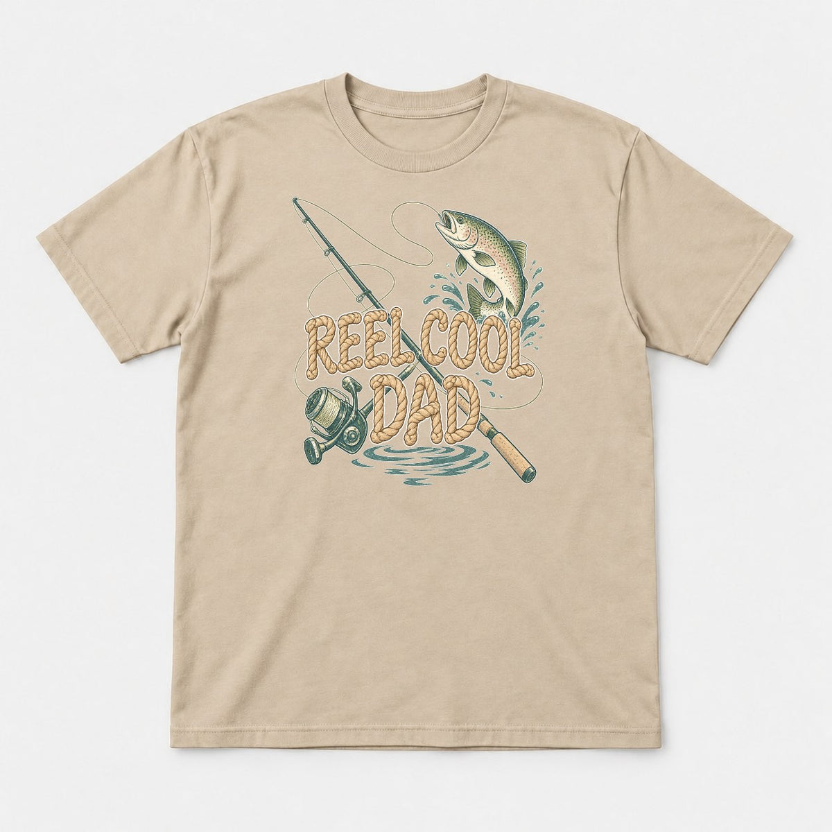 Reel Cool Dad Rope Lettering Trout Fishing Graphic T-Shirt & Sweatshirt - Tshirt Sand Front