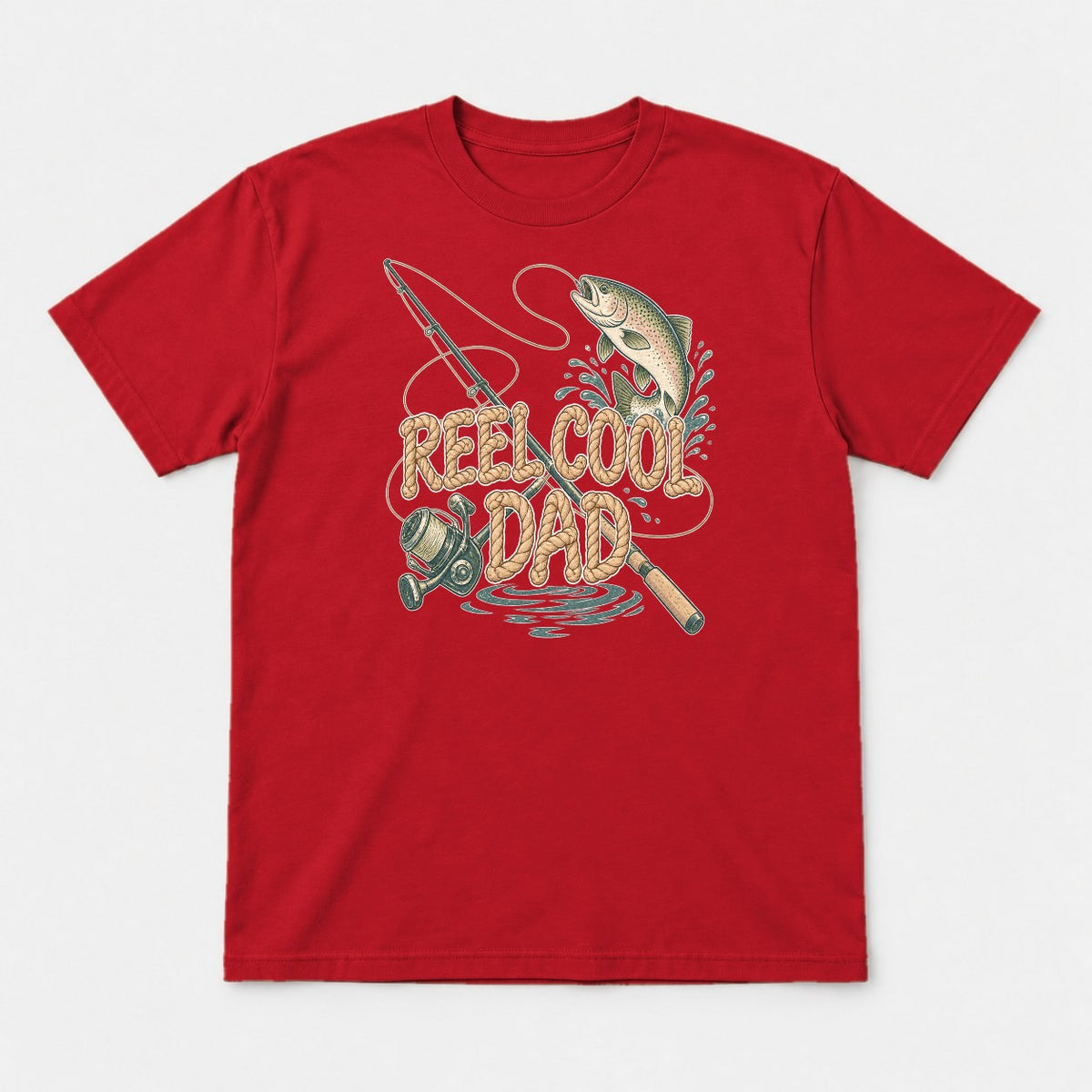 Reel Cool Dad Rope Lettering Trout Fishing Graphic T-Shirt & Sweatshirt - Tshirt Red Front