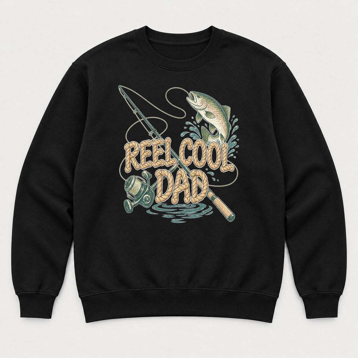 Reel Cool Dad Rope Lettering Trout Fishing Graphic T-Shirt & Sweatshirt - Sweatshirt Black Front