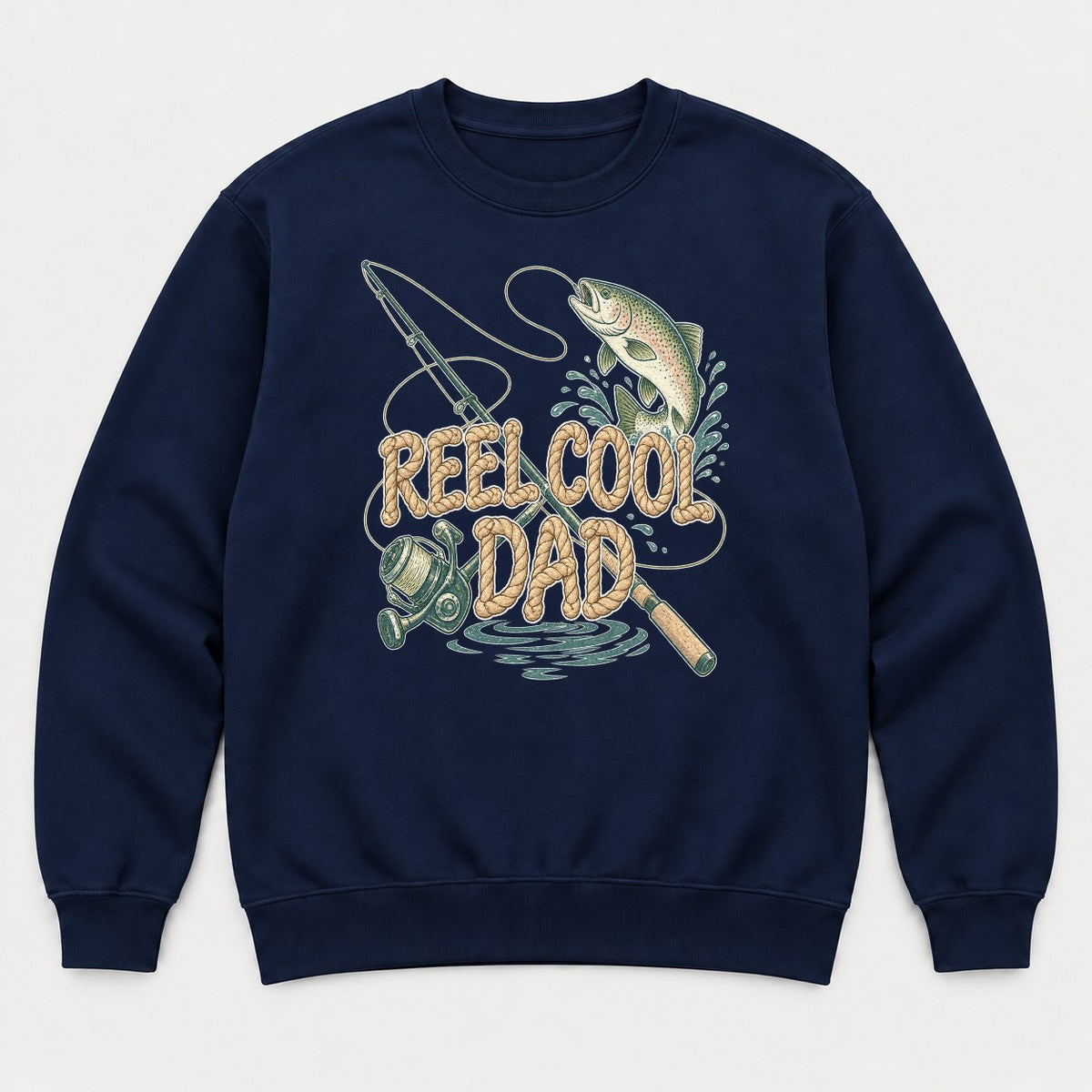 Reel Cool Dad Rope Lettering Trout Fishing Graphic T-Shirt & Sweatshirt - Sweatshirt Navy Front