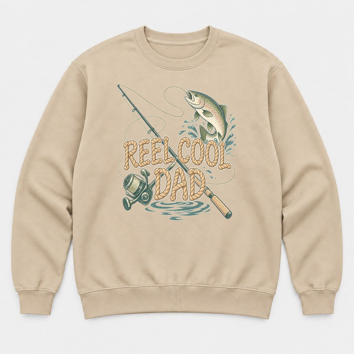 Reel Cool Dad Rope Lettering Trout Fishing Graphic T-Shirt & Sweatshirt - Sweatshirt Sand Front
