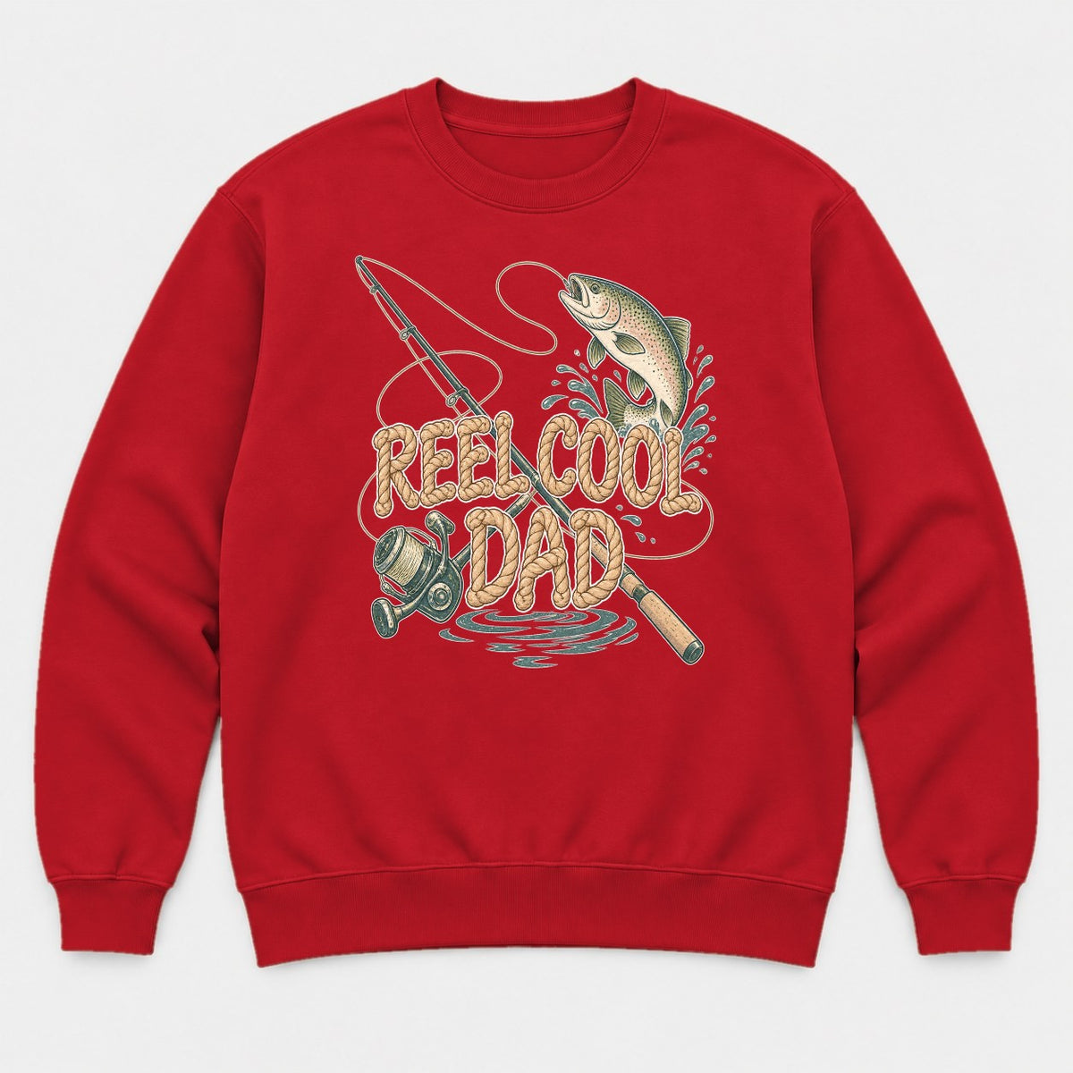 Reel Cool Dad Rope Lettering Trout Fishing Graphic T-Shirt & Sweatshirt - Sweatshirt Red Front