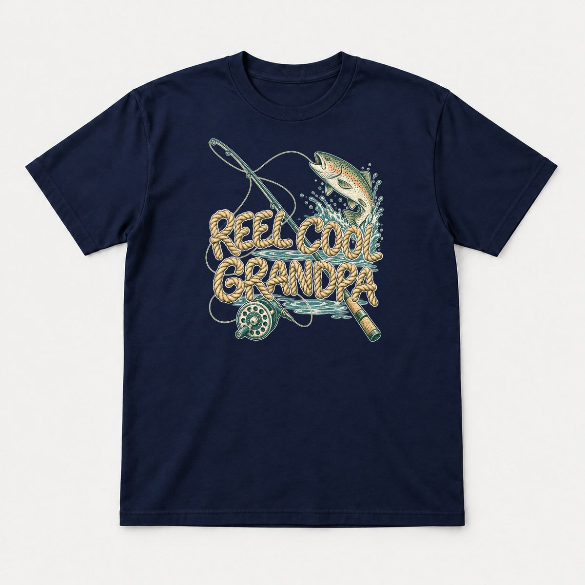 Reel Cool Grandpa Rainbow Trout Fishing Graphic T-Shirt & Sweatshirt - Tshirt Navy Front