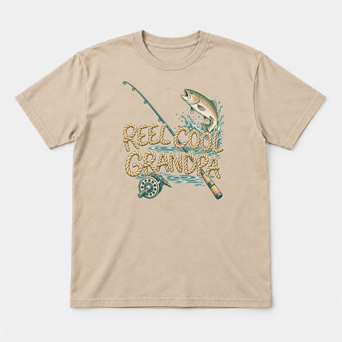 Reel Cool Grandpa Rainbow Trout Fishing Graphic T-Shirt & Sweatshirt - Tshirt Sand Front