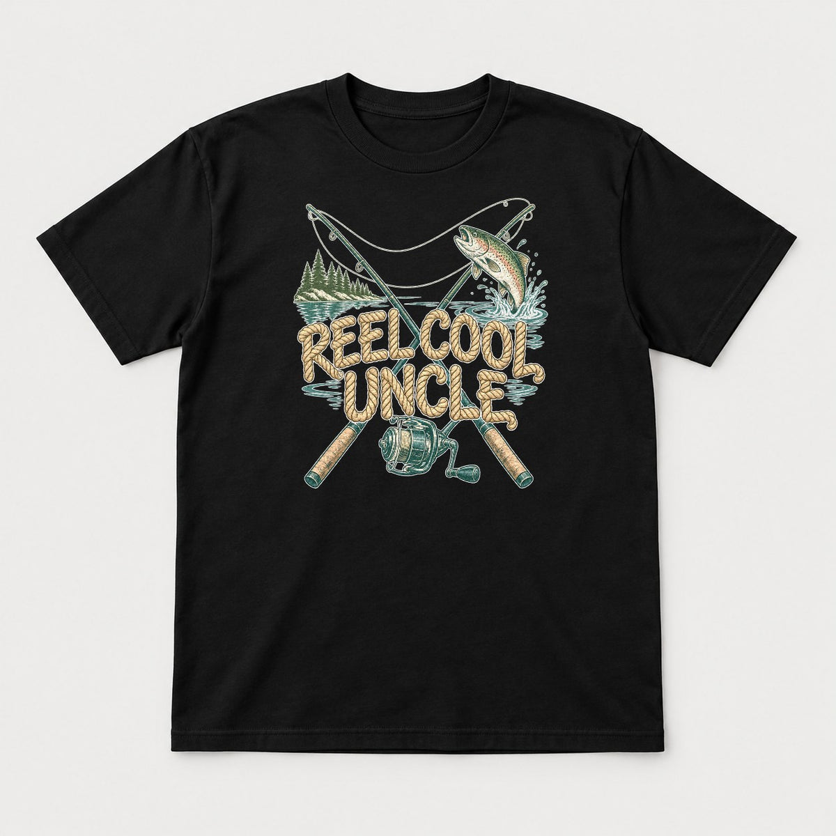 Reel Cool Uncle Rope Lettering Fishing Graphic T-Shirt & Sweatshirt - Tshirt Black Front