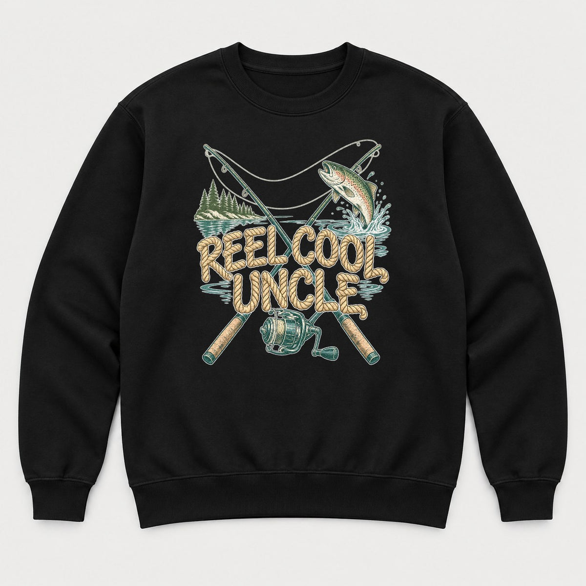Reel Cool Uncle Rope Lettering Fishing Graphic T-Shirt & Sweatshirt - Sweatshirt Black Front