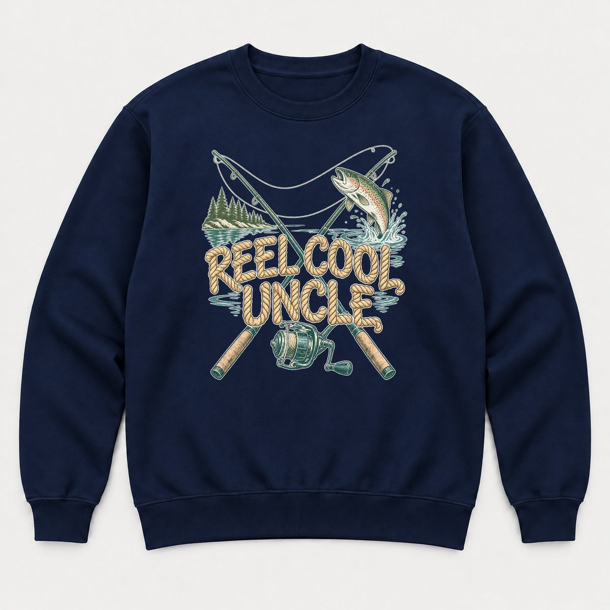 Reel Cool Uncle Rope Lettering Fishing Graphic T-Shirt & Sweatshirt - Sweatshirt Navy Front