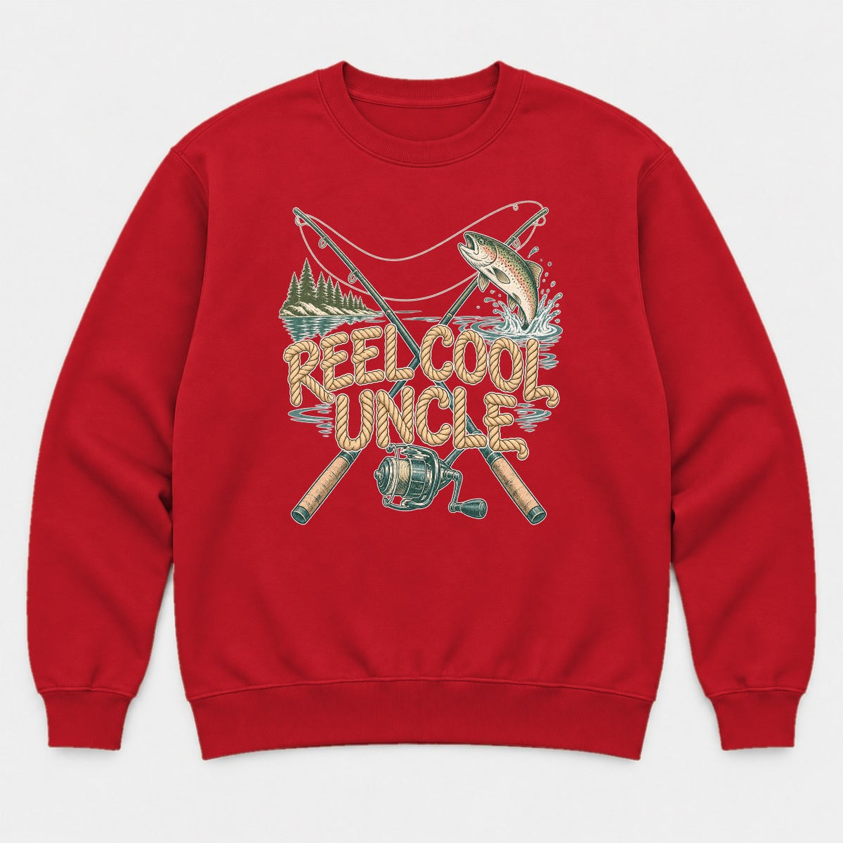 Reel Cool Uncle Rope Lettering Fishing Graphic T-Shirt & Sweatshirt - Sweatshirt Red Front
