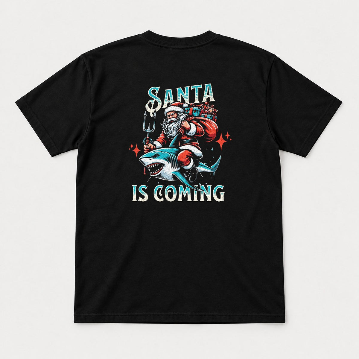 Santa Is Coming Shark Riding Santa Graphic T-Shirt & Sweatshirt - Tshirt Black Back