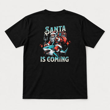 Santa Is Coming Shark Riding Santa Graphic T-Shirt & Sweatshirt - Tshirt Black Back