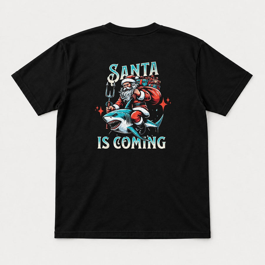 Santa Is Coming Shark Riding Santa Graphic T-Shirt & Sweatshirt