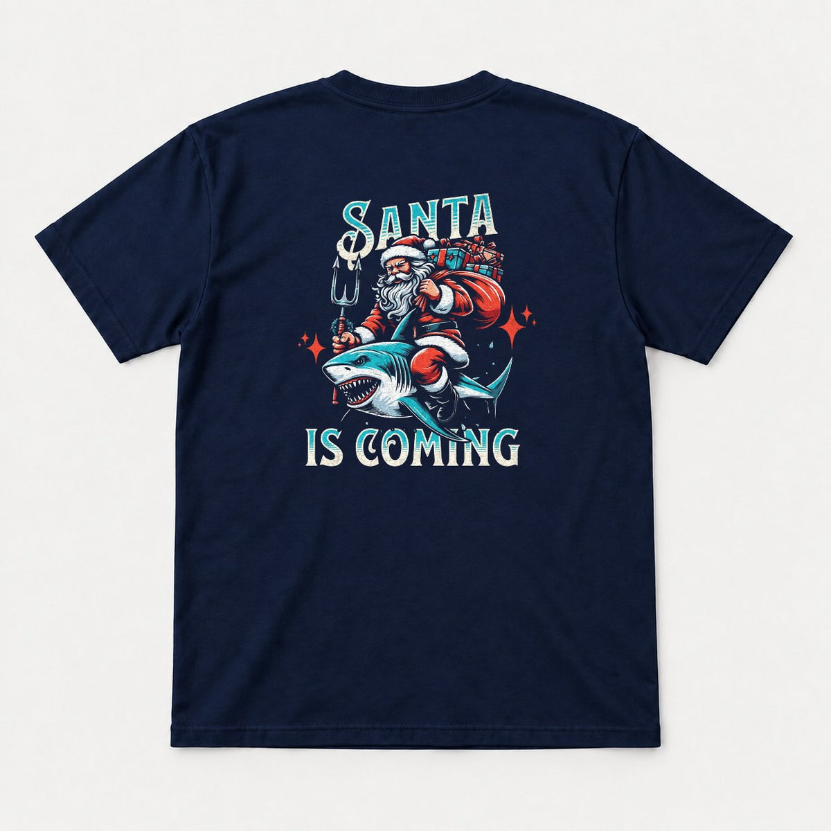 Santa Is Coming Shark Riding Santa Graphic T-Shirt & Sweatshirt - Tshirt Navy Back