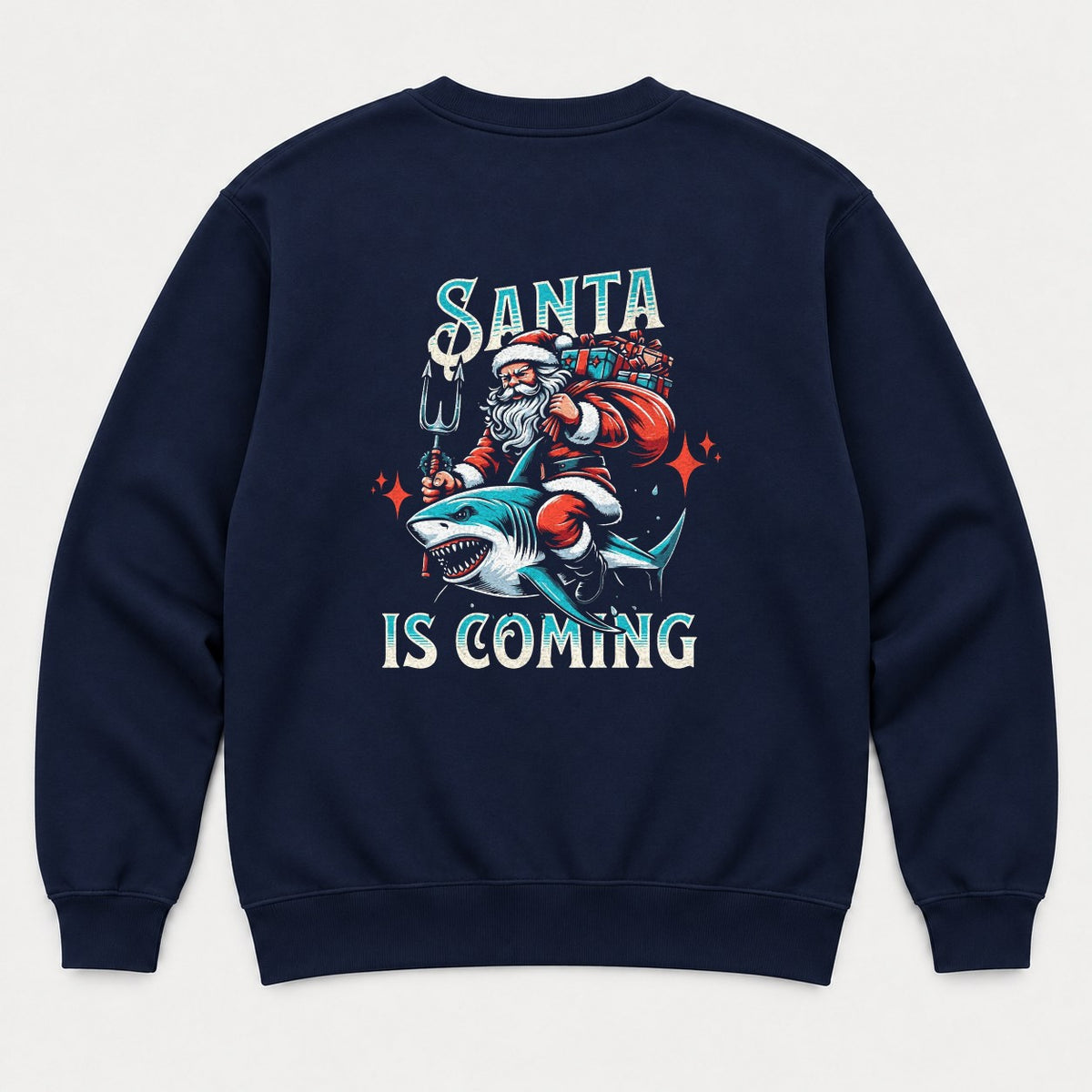 Santa Is Coming Shark Riding Santa Graphic T-Shirt & Sweatshirt - Sweatshirt Navy Back