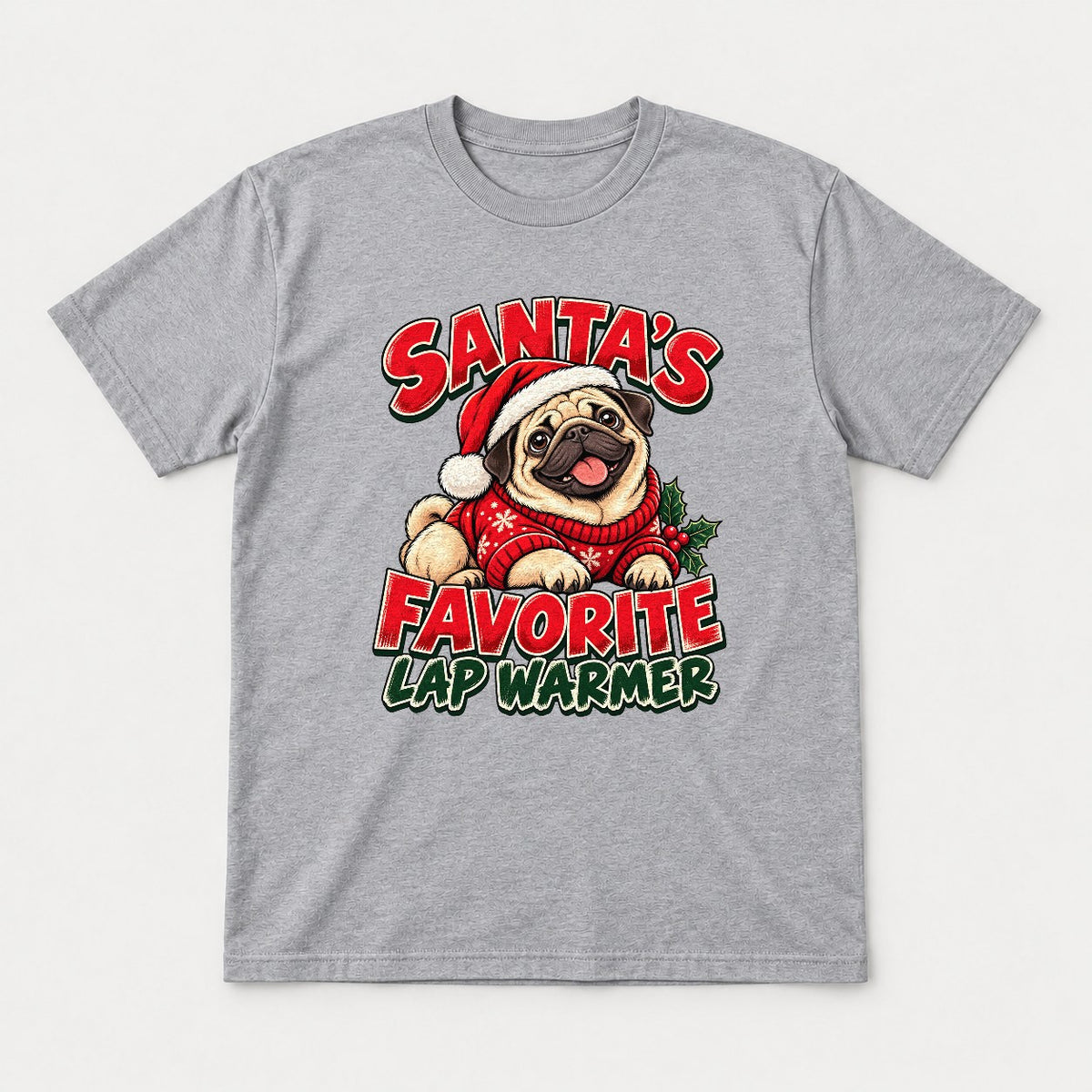 Santa's Favorite Lap Warmer Christmas Pug Graphic T-Shirt & Sweatshirt - Tshirt Sport Grey Front
