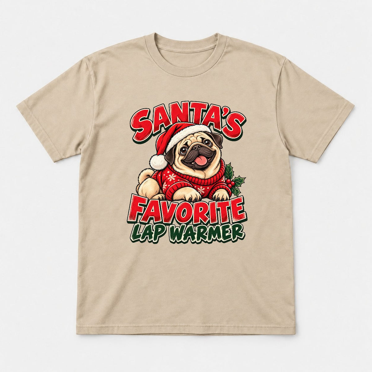 Santa's Favorite Lap Warmer Christmas Pug Graphic T-Shirt & Sweatshirt - Tshirt Sand Front
