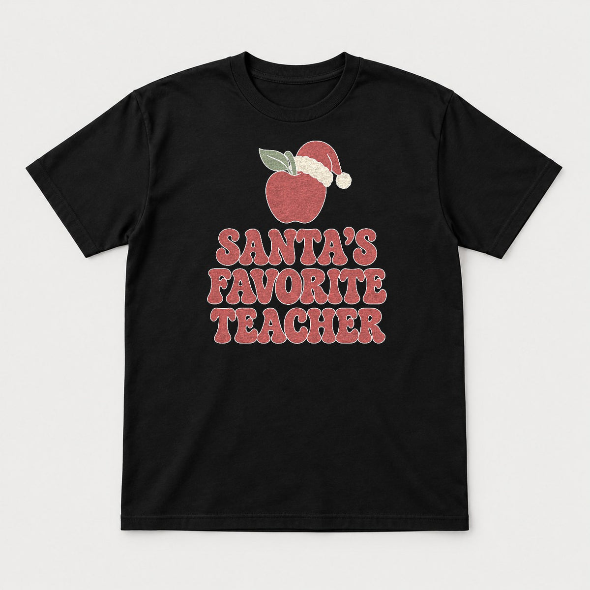 Santa's Favorite Teacher Retro Apple Santa Hat Graphic T-Shirt & Sweatshirt - Tshirt Black Front