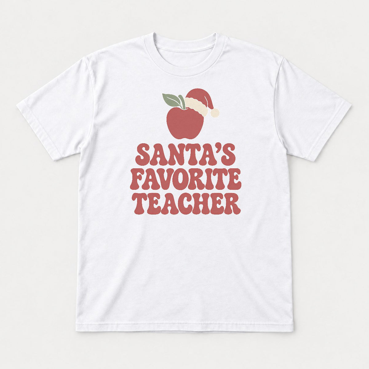 Santa's Favorite Teacher Retro Apple Santa Hat Graphic T-Shirt & Sweatshirt - Tshirt White Front