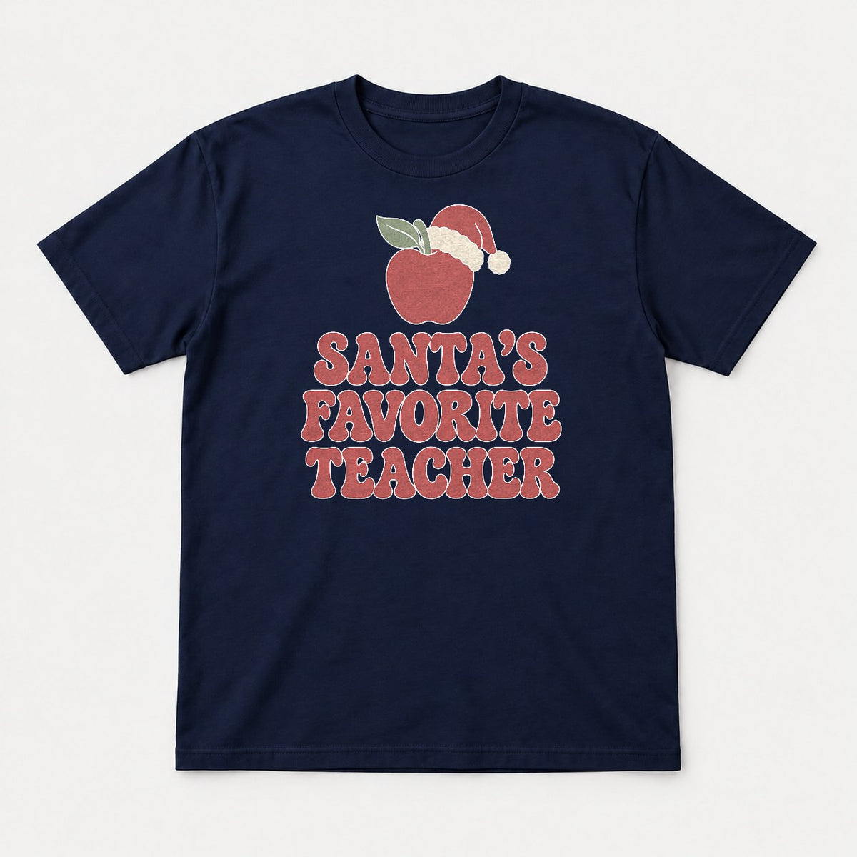 Santa's Favorite Teacher Retro Apple Santa Hat Graphic T-Shirt & Sweatshirt - Tshirt Navy Front