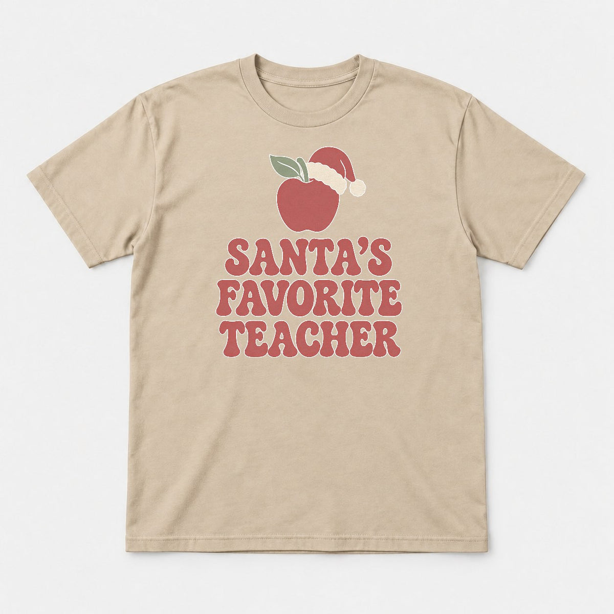 Santa's Favorite Teacher Retro Apple Santa Hat Graphic T-Shirt & Sweatshirt - Tshirt Sand Front