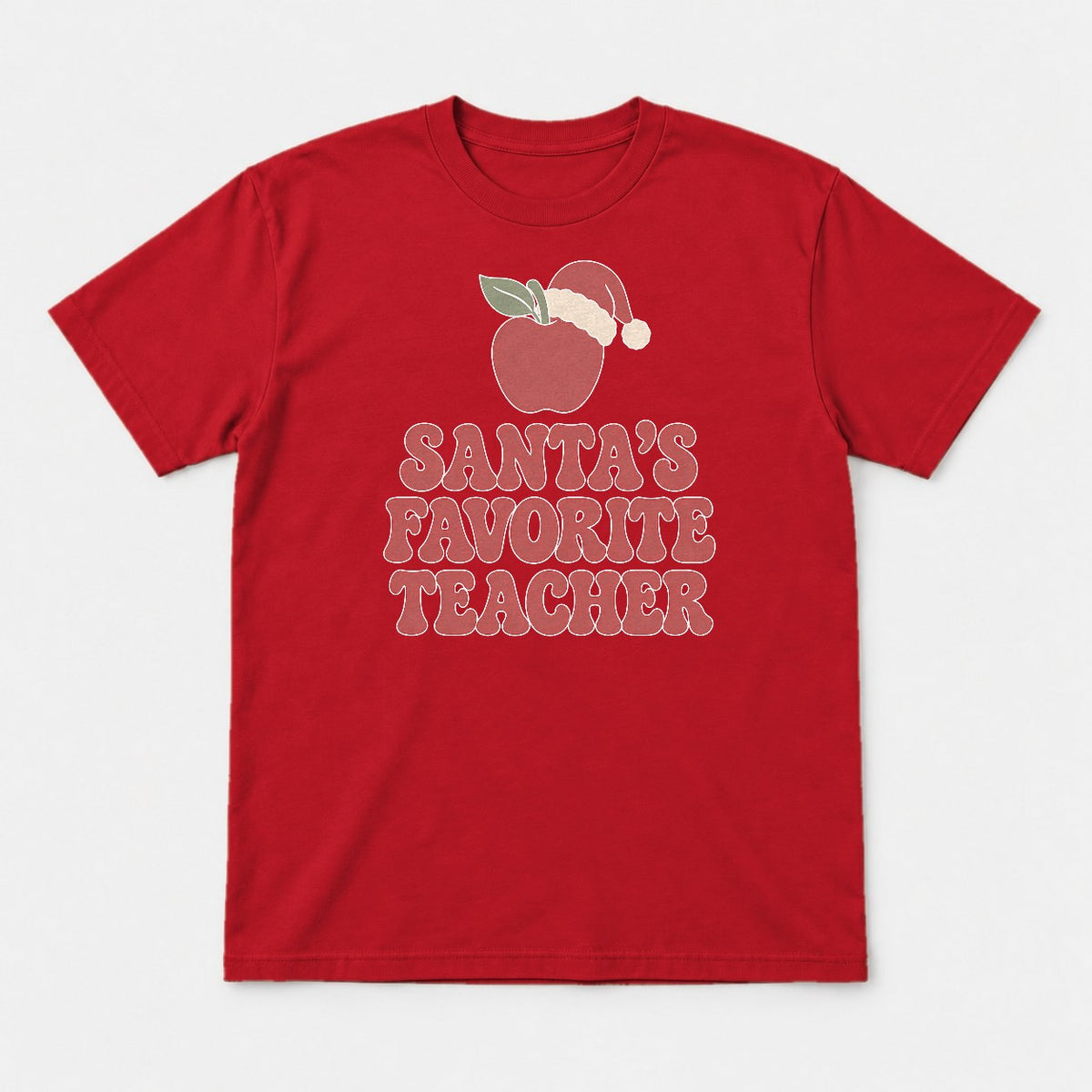 Santa's Favorite Teacher Retro Apple Santa Hat Graphic T-Shirt & Sweatshirt - Tshirt Red Front