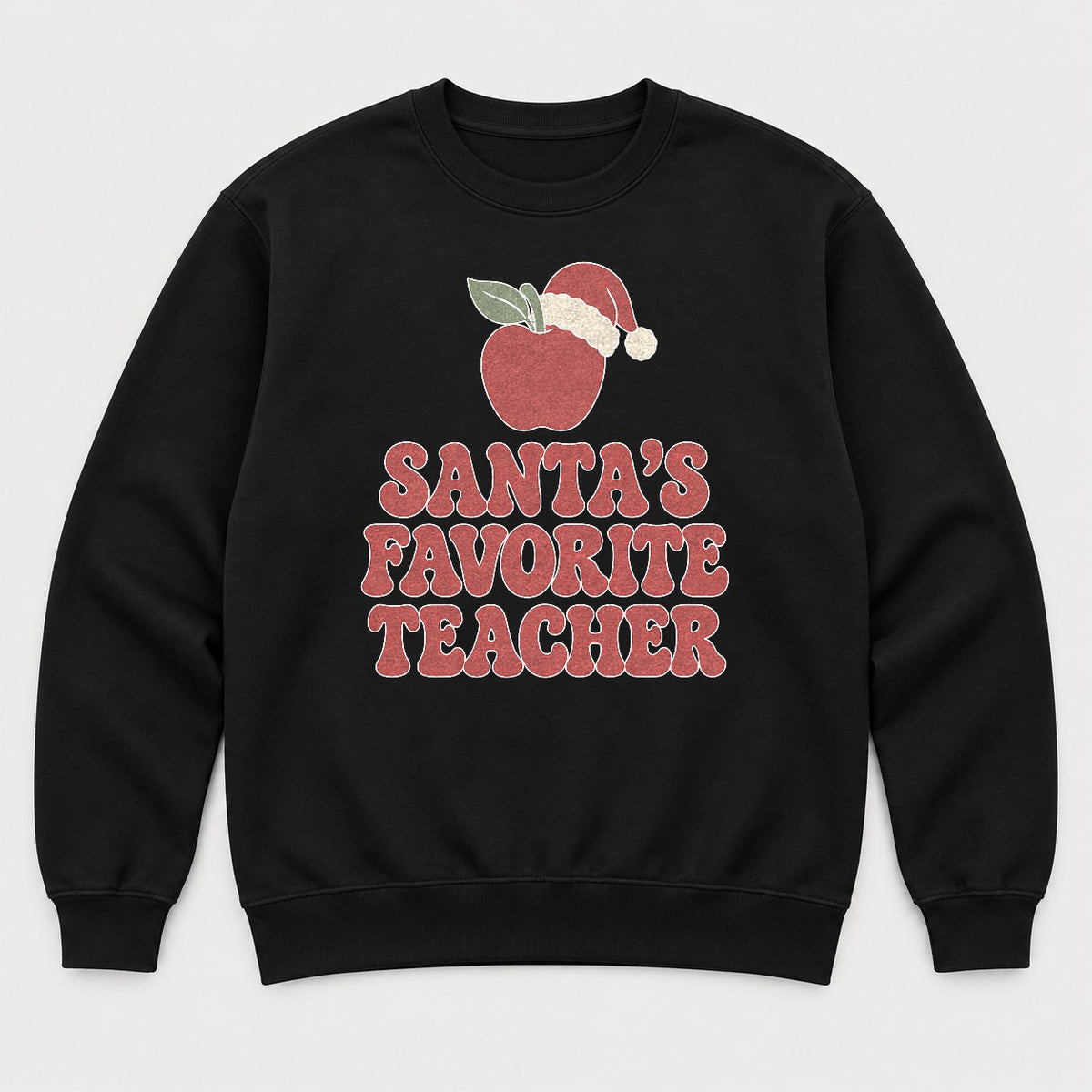 Santa's Favorite Teacher Retro Apple Santa Hat Graphic T-Shirt & Sweatshirt - Sweatshirt Black Front