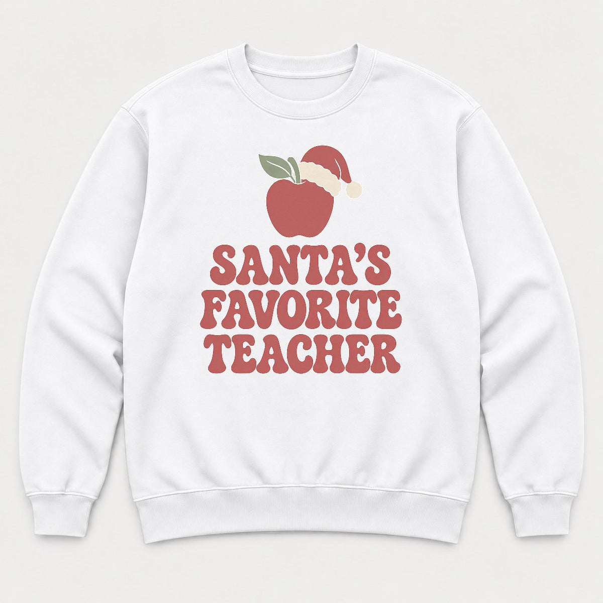 Santa's Favorite Teacher Retro Apple Santa Hat Graphic T-Shirt & Sweatshirt - Sweatshirt White Front