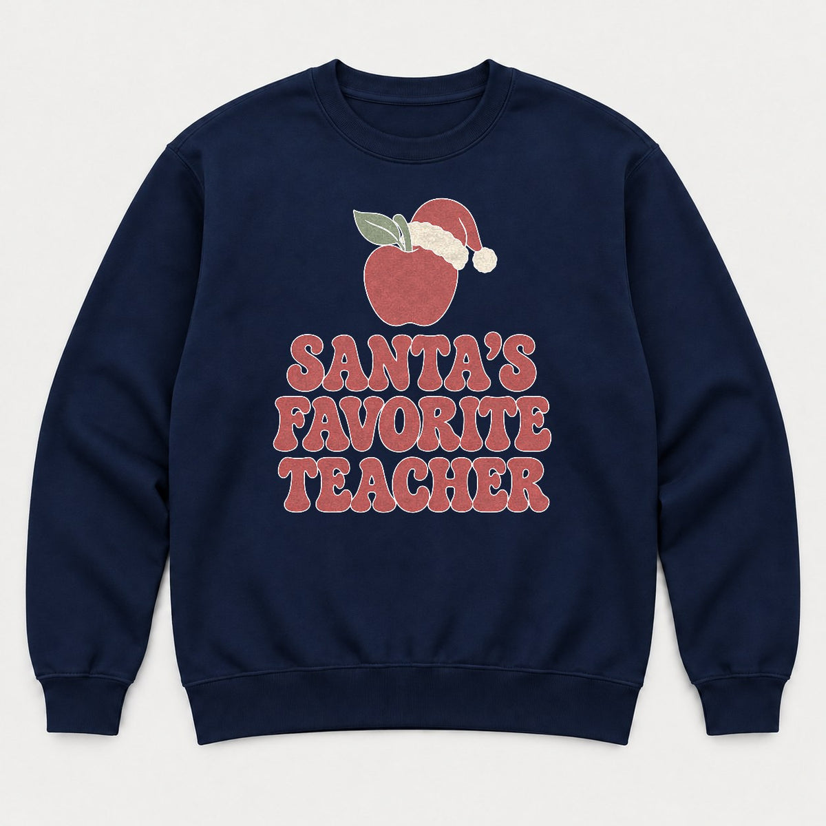 Santa's Favorite Teacher Retro Apple Santa Hat Graphic T-Shirt & Sweatshirt - Sweatshirt Navy Front