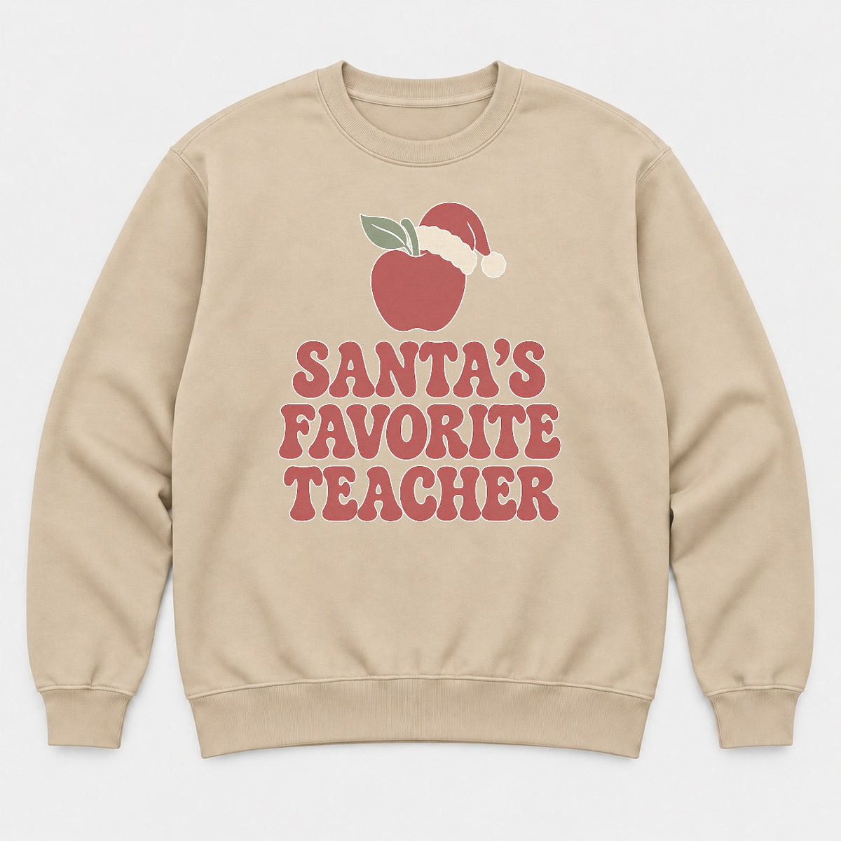Santa's Favorite Teacher Retro Apple Santa Hat Graphic T-Shirt & Sweatshirt - Sweatshirt Sand Front