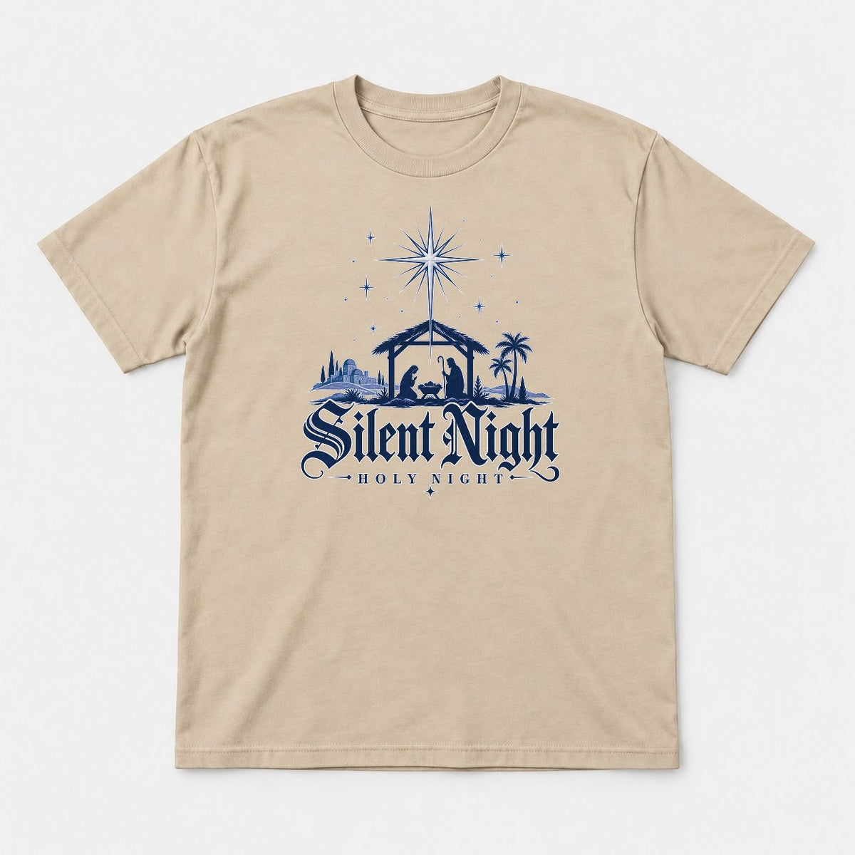 Silent Night Holy Night Nativity Scene Graphic T-Shirt & Sweatshirt - Tshirt Sand Front