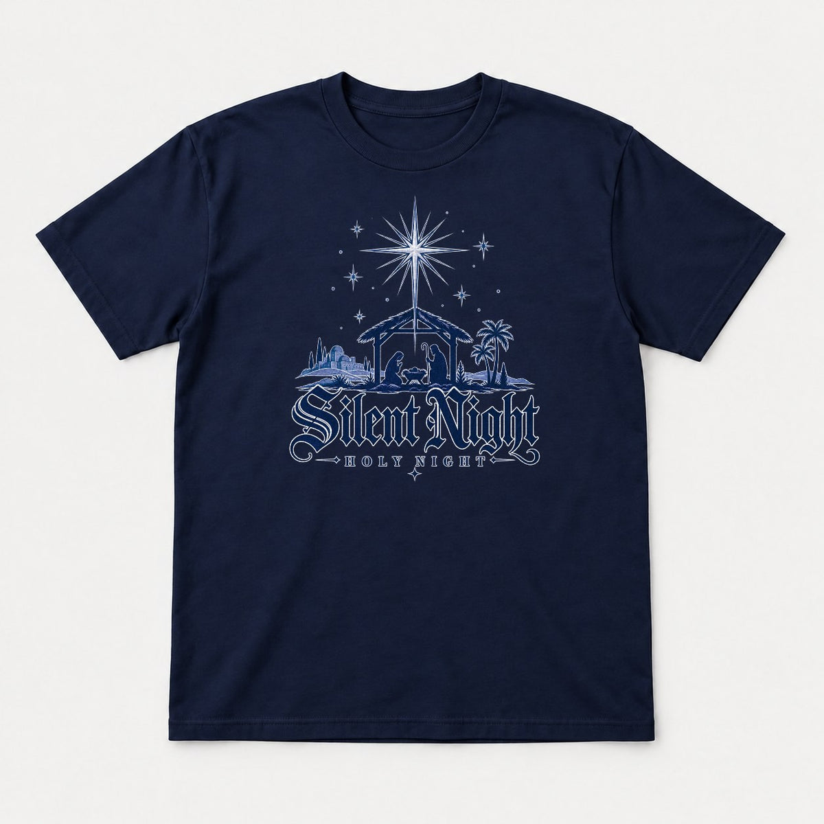 Silent Night Holy Night Nativity Scene Graphic T-Shirt & Sweatshirt - Tshirt Navy Front