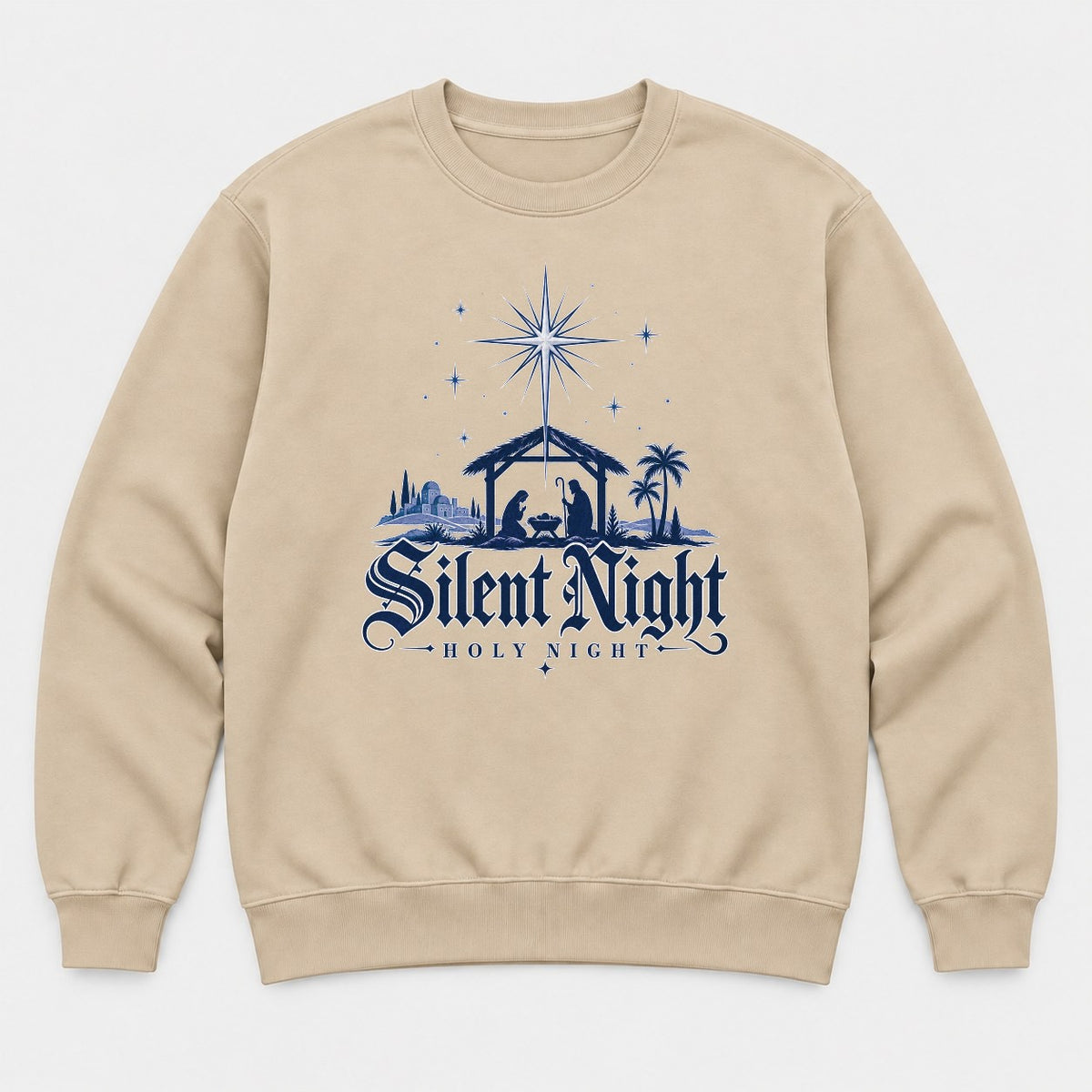 Silent Night Holy Night Nativity Scene Graphic T-Shirt & Sweatshirt - Sweatshirt Sand Front
