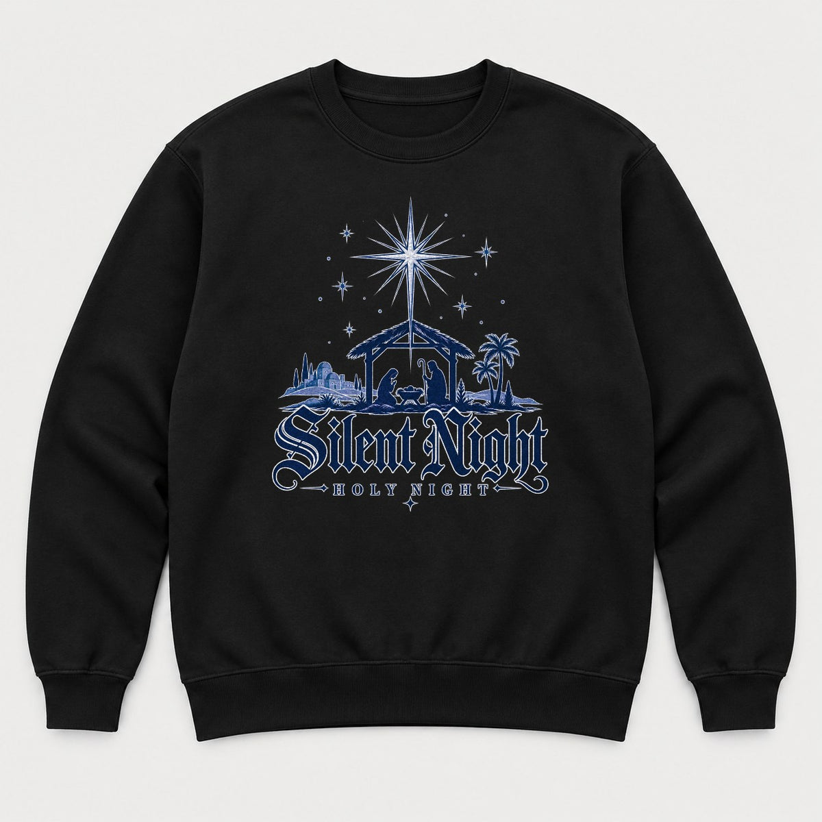 Silent Night Holy Night Nativity Scene Graphic T-Shirt & Sweatshirt - Sweatshirt Black Front