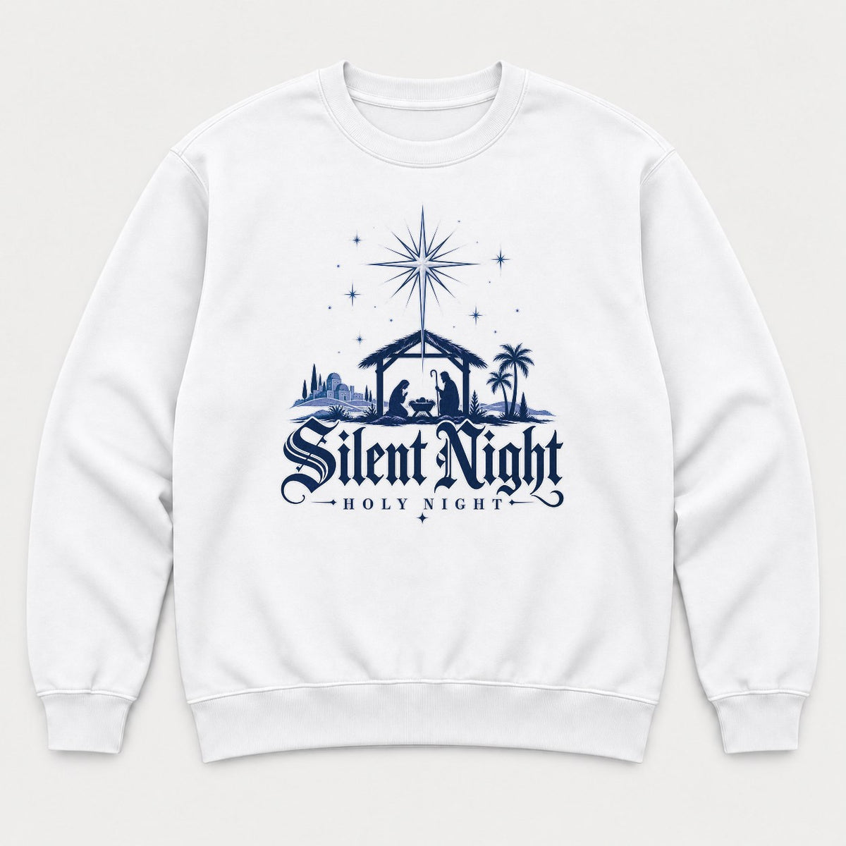 Silent Night Holy Night Nativity Scene Graphic T-Shirt & Sweatshirt - Sweatshirt White Front