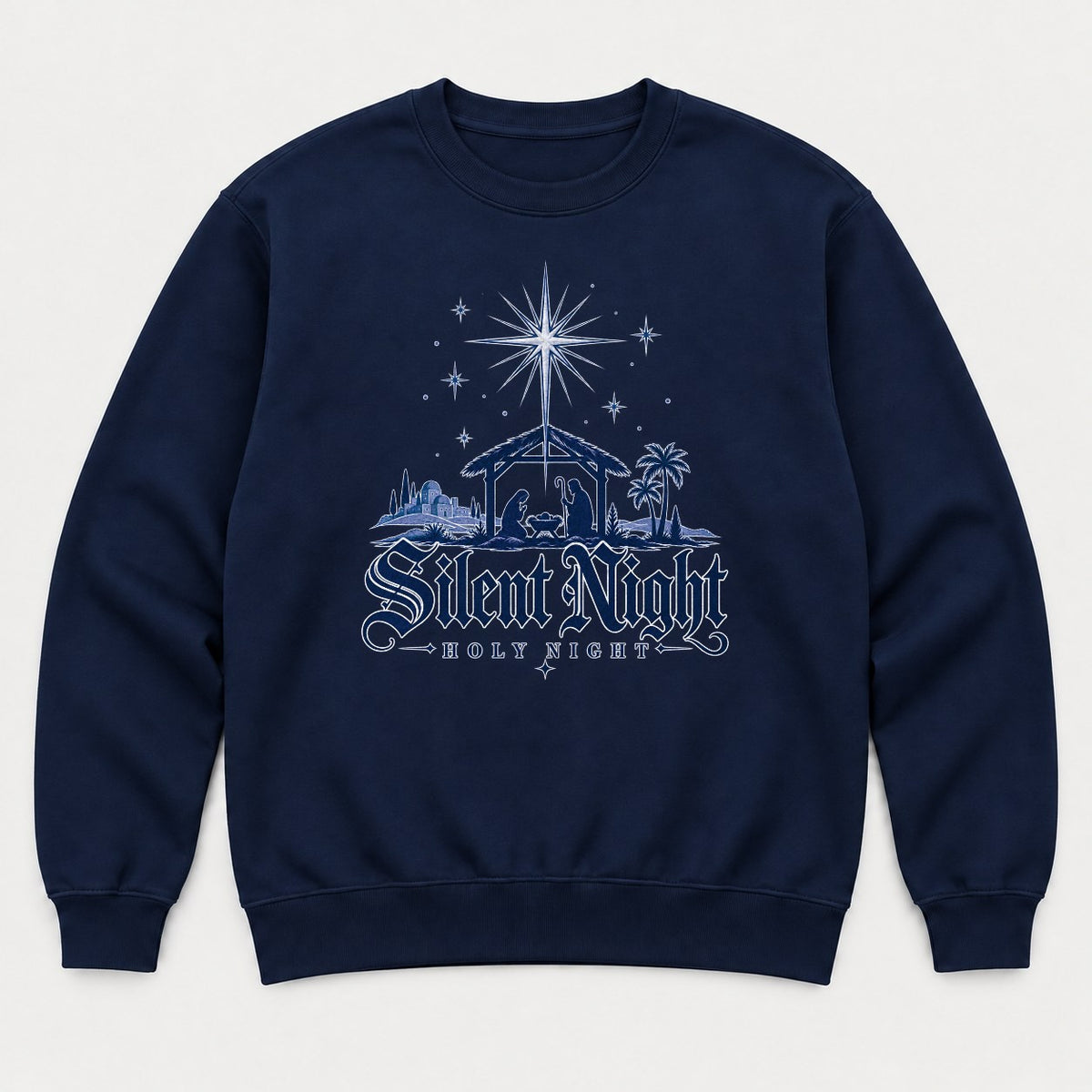 Silent Night Holy Night Nativity Scene Graphic T-Shirt & Sweatshirt - Sweatshirt Navy Front