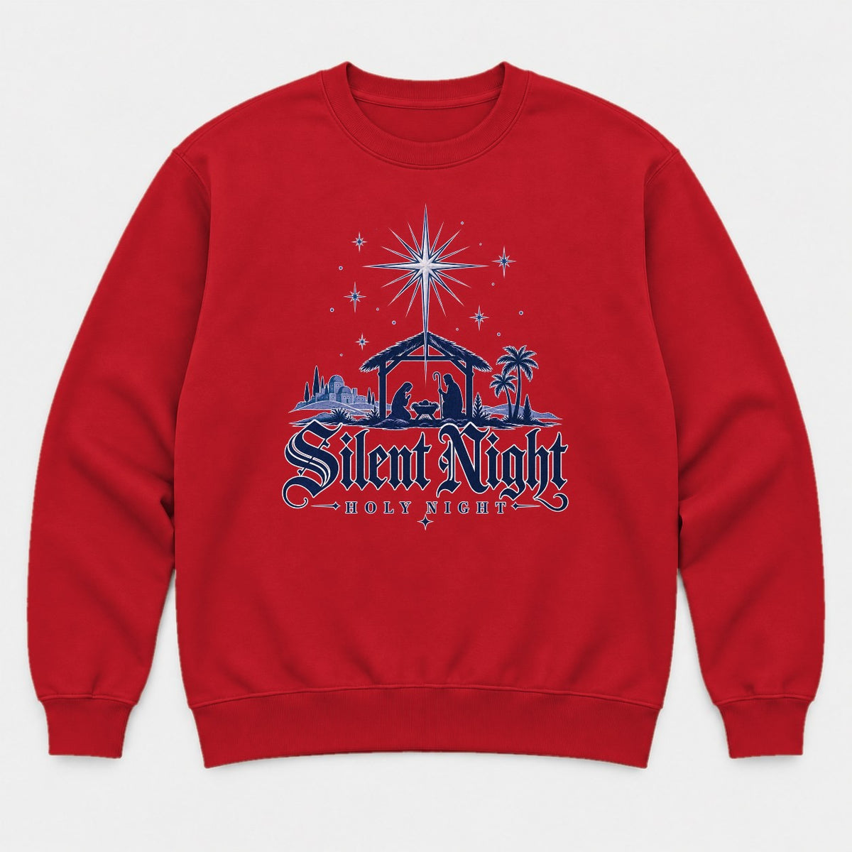 Silent Night Holy Night Nativity Scene Graphic T-Shirt & Sweatshirt - Sweatshirt Red Front