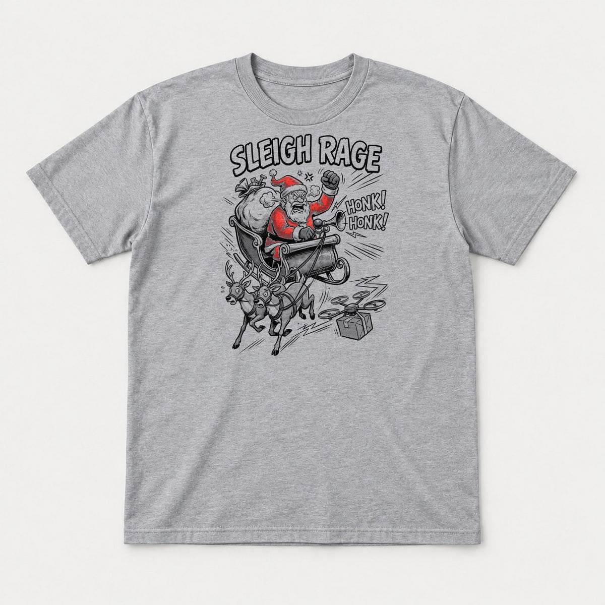Sleigh Rage Angry Santa Funny Christmas Graphic T-Shirt & Sweatshirt - Tshirt Sport Grey Front
