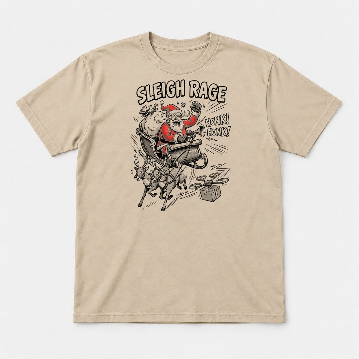 Sleigh Rage Angry Santa Funny Christmas Graphic T-Shirt & Sweatshirt - Tshirt Sand Front