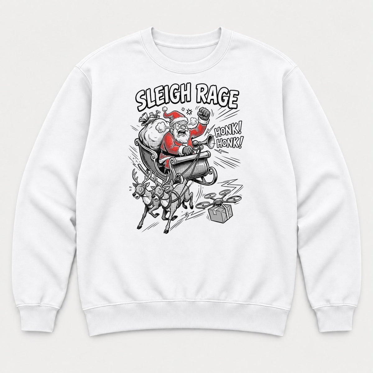 Sleigh Rage Angry Santa Funny Christmas Graphic T-Shirt & Sweatshirt - Sweatshirt White Front