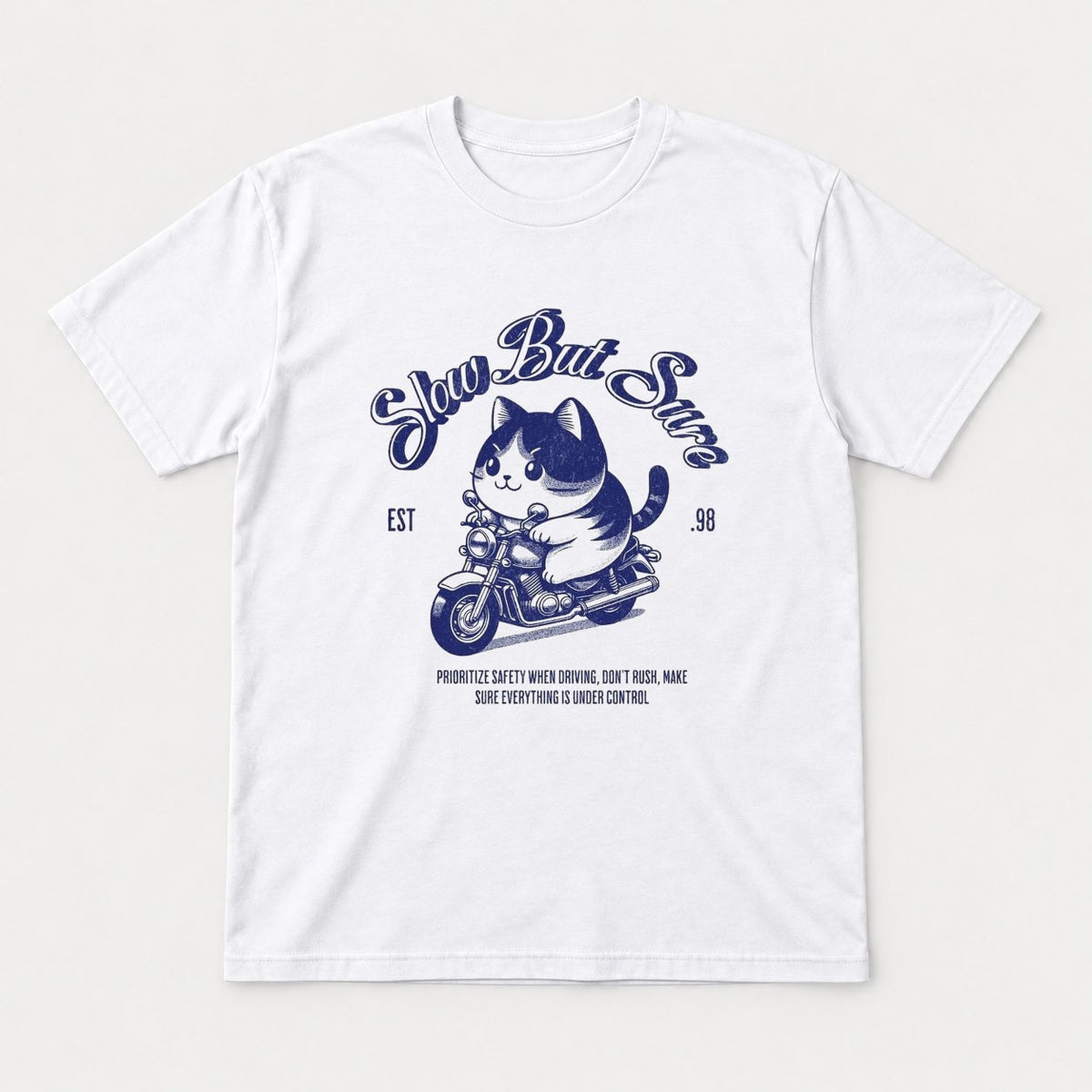 Slow But Sure Retro Motorcycle Cat Graphic T-Shirt & Sweatshirt - Tshirt White Front