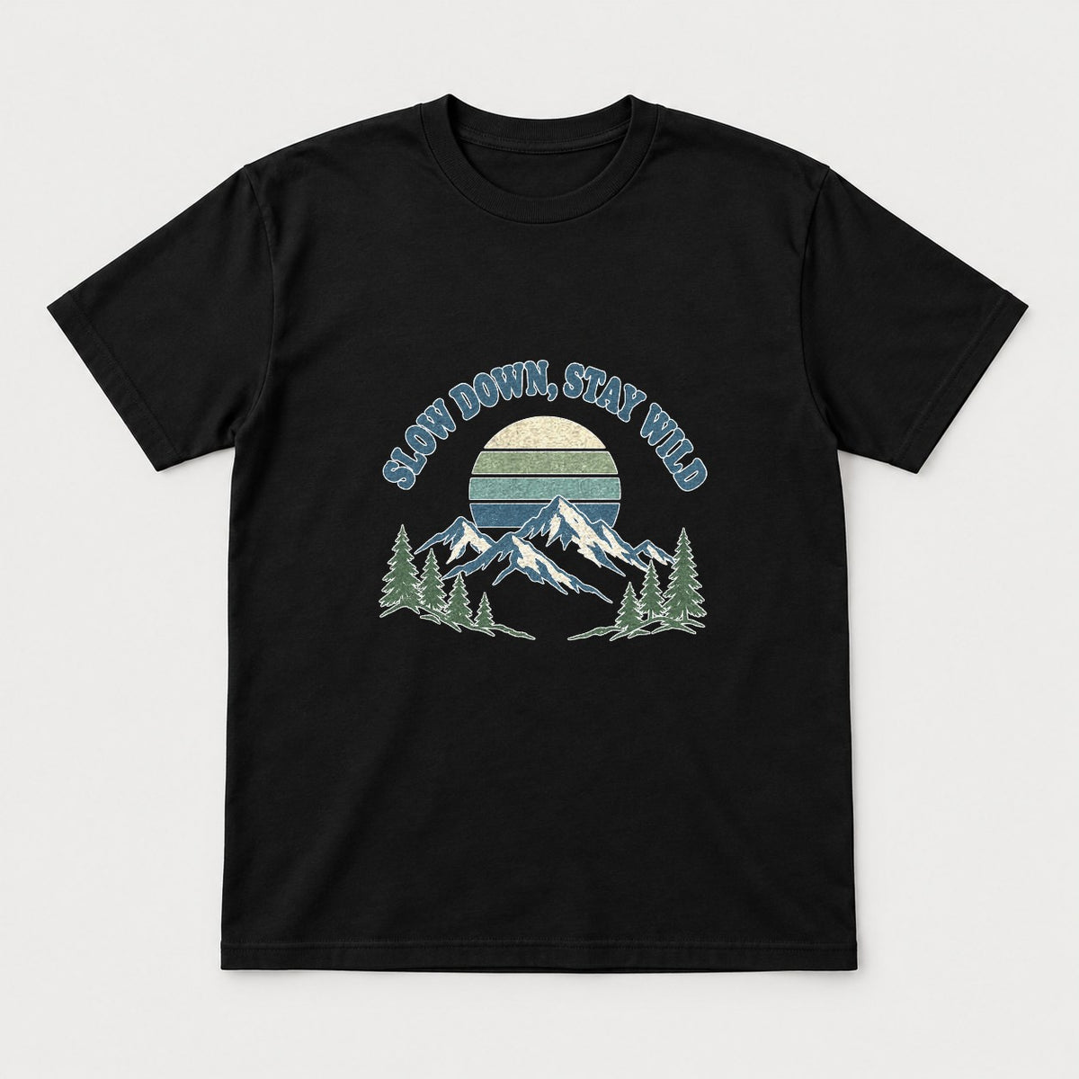 Slow Down, Stay Wild Retro Mountain Sunset Graphic T-Shirt & Sweatshirt - Tshirt Black Front