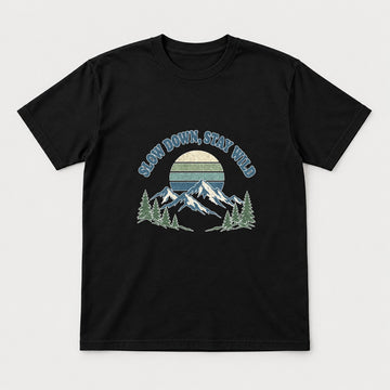 Slow Down, Stay Wild Retro Mountain Sunset Graphic T-Shirt & Sweatshirt - Tshirt Black Front