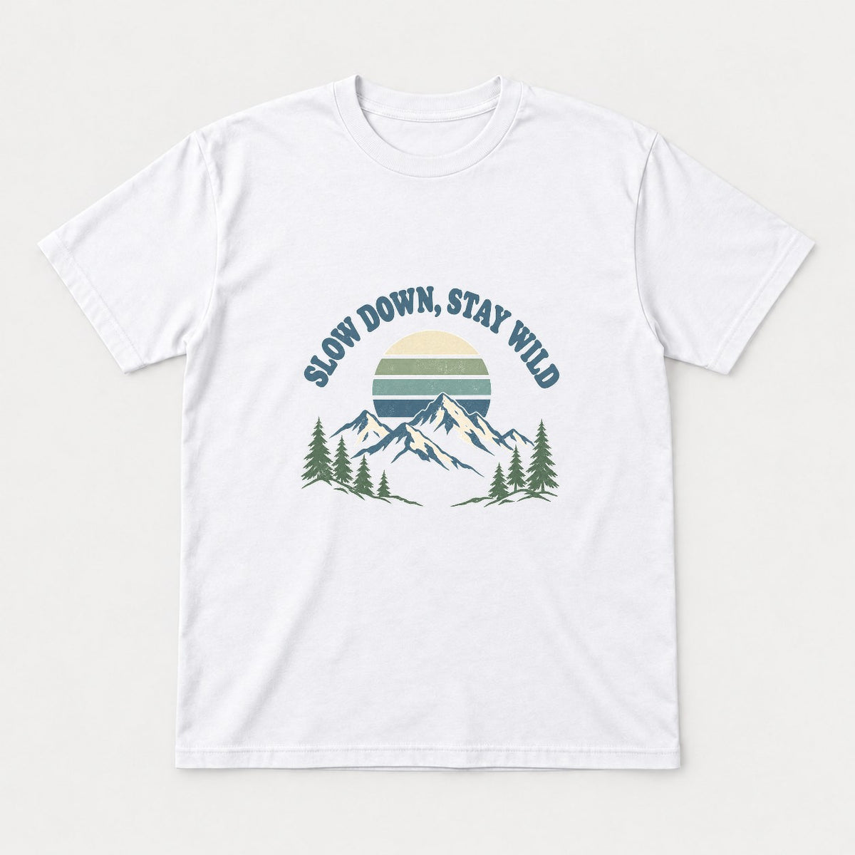 Slow Down, Stay Wild Retro Mountain Sunset Graphic T-Shirt & Sweatshirt - Tshirt White Front